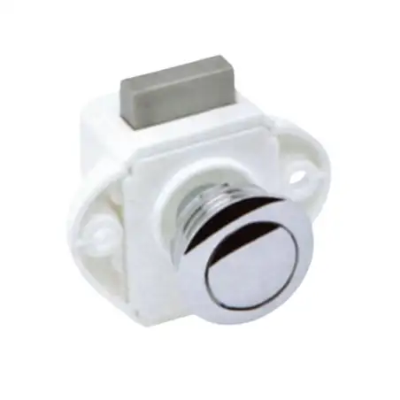 Mini chrome push button closure with white box