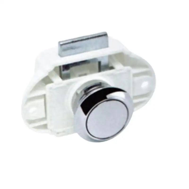 Chrome push button closure on white box