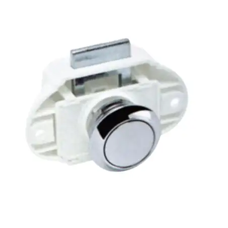 Chrome push button closure on white box