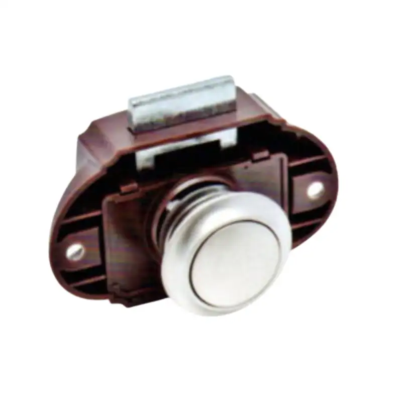 Nickel push button closure for brown box