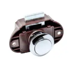 Chrome button closure for brown box