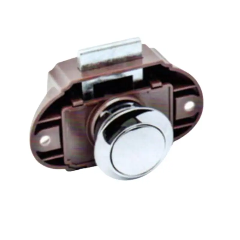 Chrome button closure for brown box