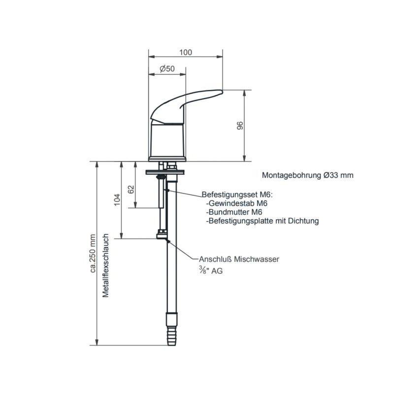 Chrome single lever mixer under blunt table