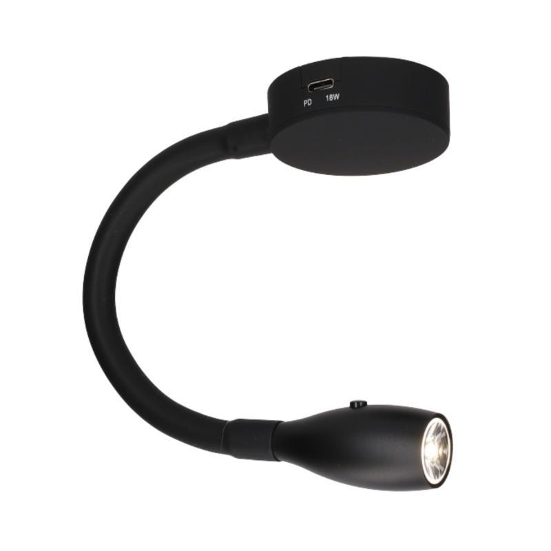 Foco de lectura de pared flexible negro 305mm de intensidad regulable con usb-c 12v 4.000k 150lm