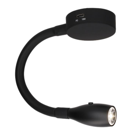 Foco de lectura de pared flexible negro 305mm de intensidad regulable con usb-c 12v 4.000k 150lm