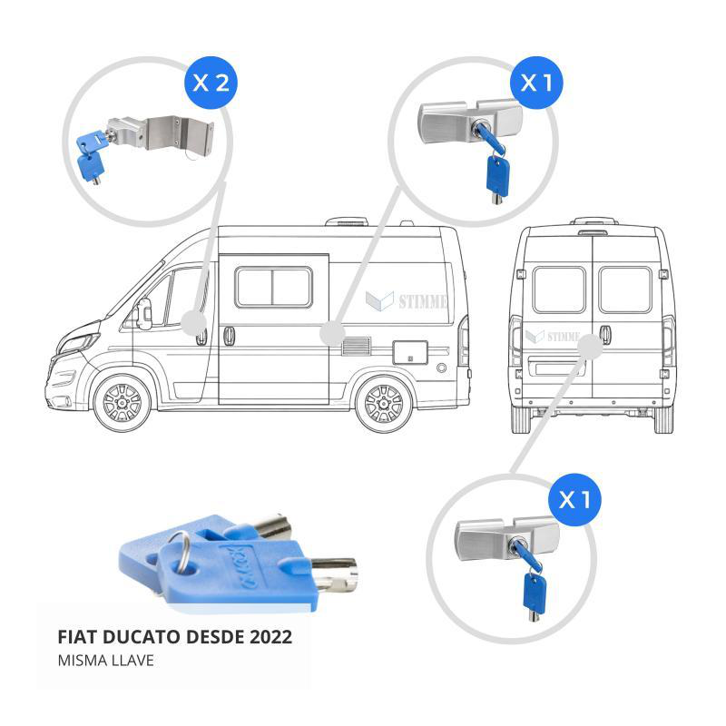 Kit cerraduras camper imc fiat ducato desde 2022 portÓn trasero + lateral + 2 cabina (llaves iguales)