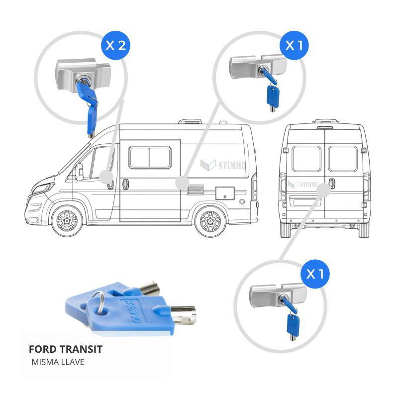 Kit cerraduras camper imc ford transit porton trasero + lateral + 2 cabina (llaves iguales)