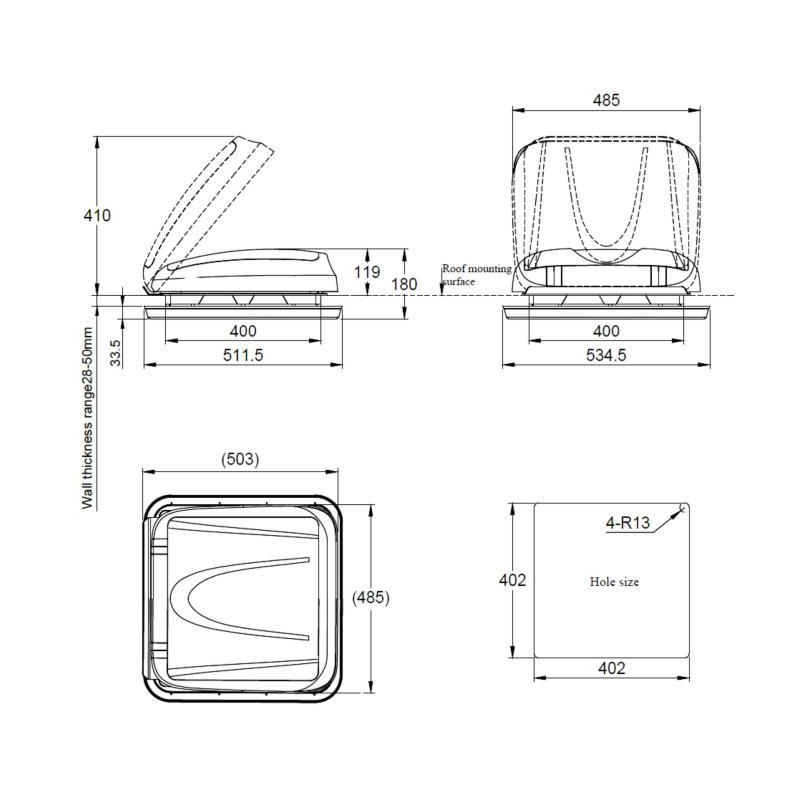 Claraboya 400 x 400 con luz-oscurecedor-mosquitera (sin vent. forzada)