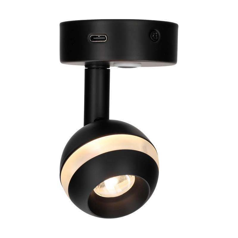 Foco de superficie orientable negro de intensidad regulable con usb-c 12v 3.000k 250lm y luz de ambiente